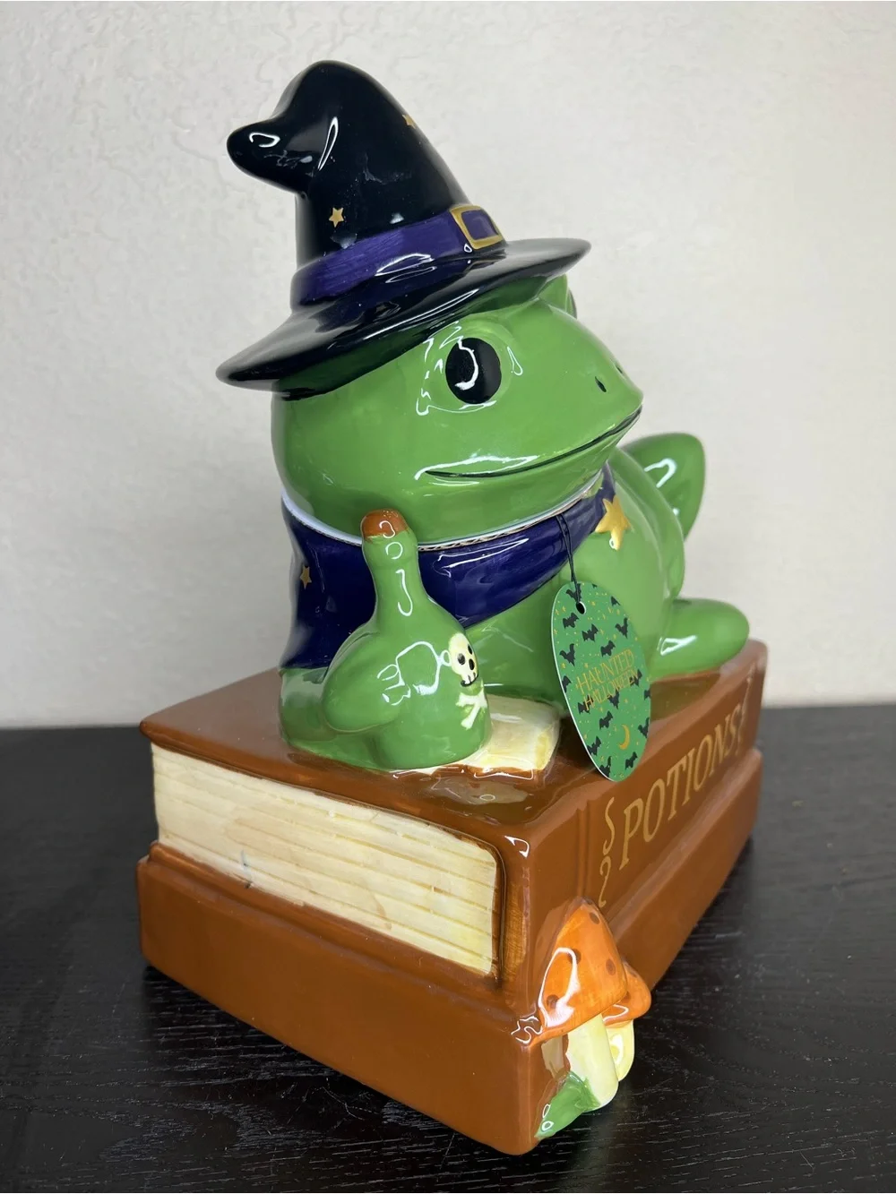 NEW 11” Haunted Halloween Wizard Frog on Potions Books Ceramic Cookie Jar